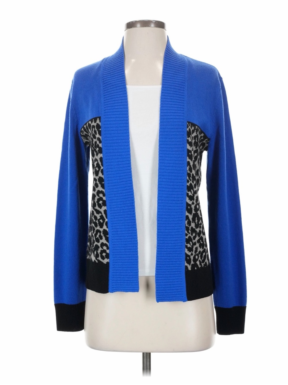 ST. JOHN Yellow Label Cobalt Blue & Leopard Print Cardigan Sweater
